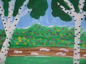 a landscape of Crum Creek in Swarthmore in Early April. Bright vibrant colors of blue, green, white, black, pink and red. Private Collection