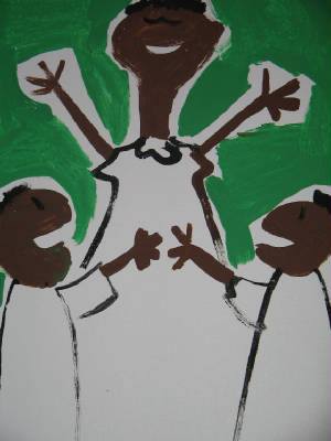 Three African people celebrate freedom for all people wearing white against a green background.