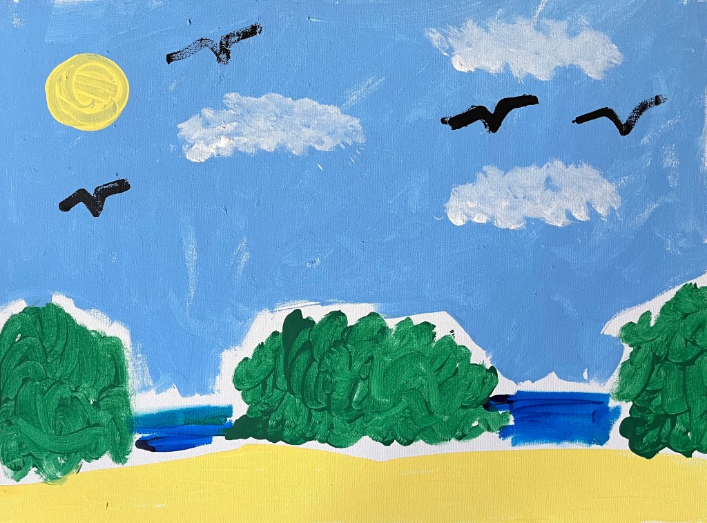 some dunes at Cape May, there are some beach plants and the sandy dunes and you see the ocean and there is a blue sky and clouds and the sun and a few seagulls