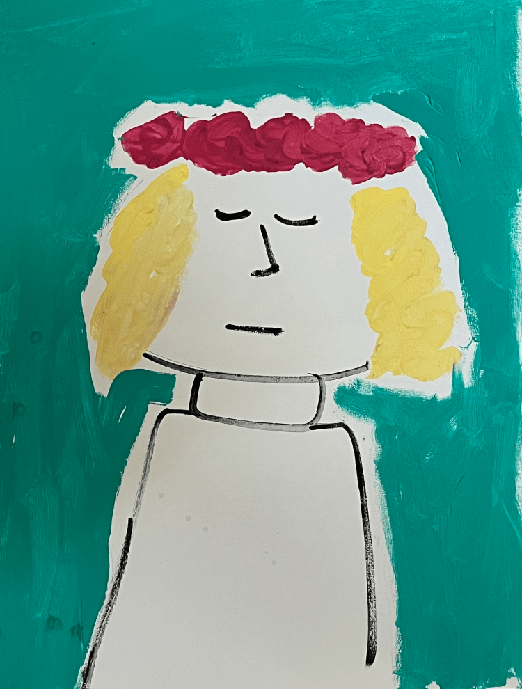 This is a very peaceful picture, a perfect spiritual picture, it was inspired by the hippie movement and has a little 1980s vibe. There is a teal-green background with a girl dressed in a white gown with blond hair with a crown of pink flowers her eyes are closed because she is meditating
