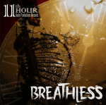 11th Hour Audio presents Breathless. A skeleton with a distended rib cage sinks in golden fluid while a cloch ticks in the background. Art by Kessi Riliniki.